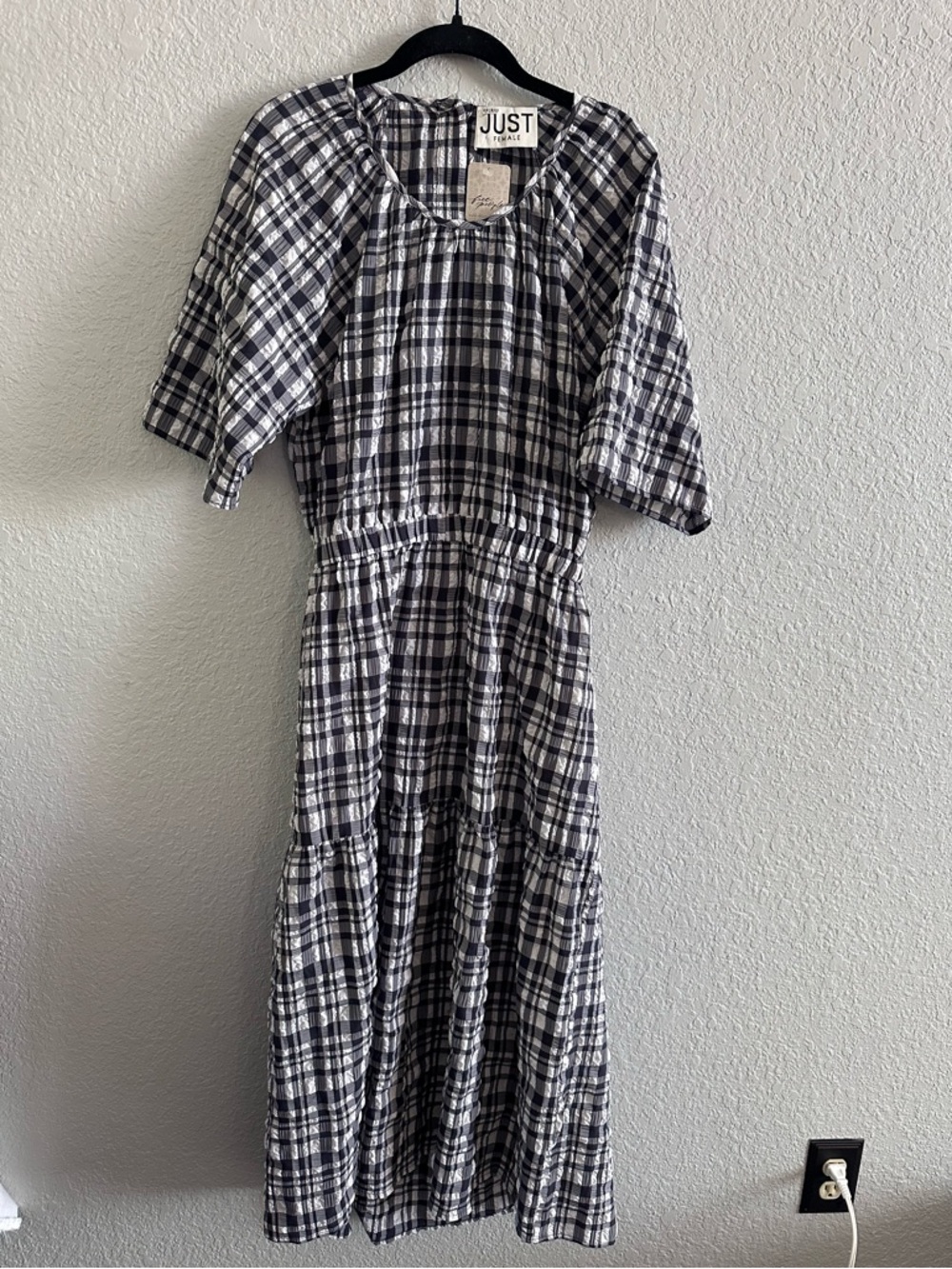 NWT Just Female Hamilton Cut Dress Plaid Seersucker Open Back Midi Dress L - Picture 2 of 12